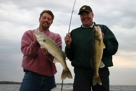 While fishing with the author these two anglers doubled up on season walleyes